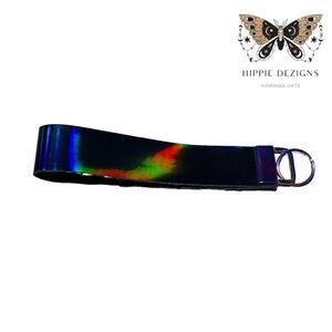 Black Holographic Wristlet With Rainbow Hardware